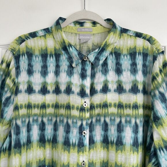 Chicos 100% Linen Shirt No Iron 4 Sz 20 Watercolor Button up Blouse 3/4 Sleeve - Picture 2 of 10